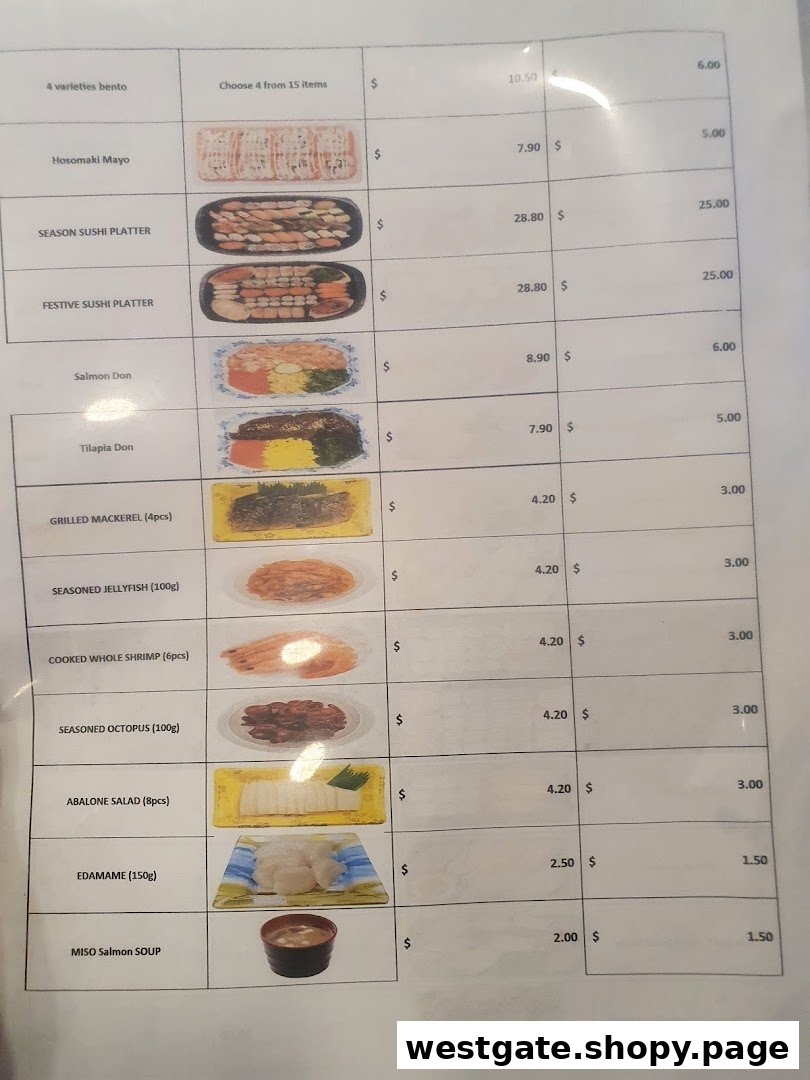 A detailed menu displaying various sushi, bento, and side dishes with prices from Sushi Express.