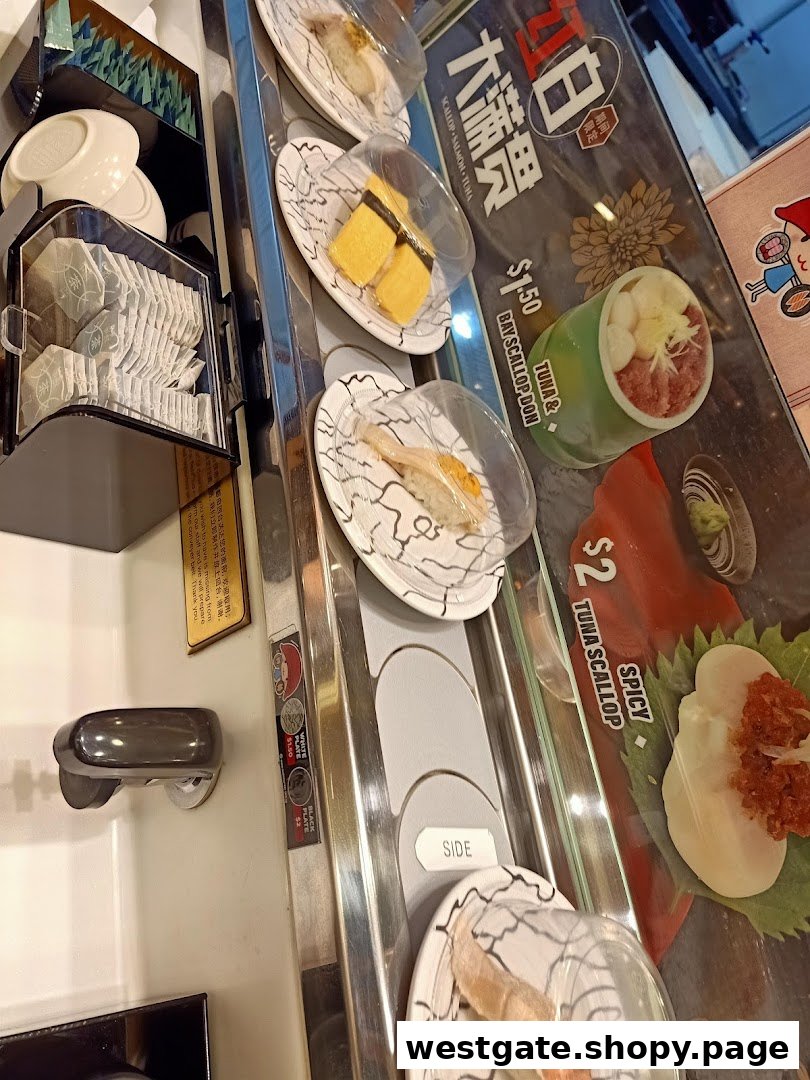 A vibrant view of a sushi conveyor belt with various covered plates and a promotional display.