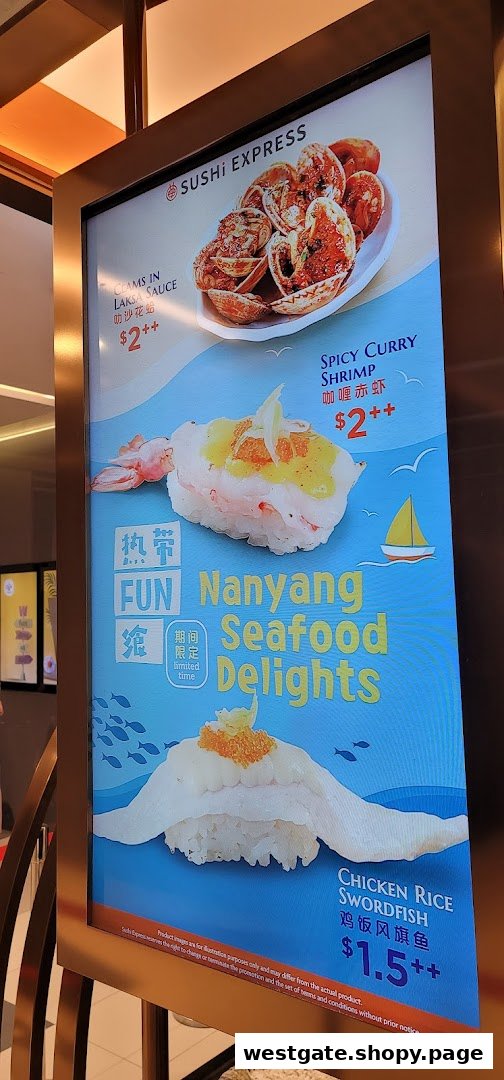 A digital menu board at Sushi Express showcasing limited-time Nanyang seafood delights.