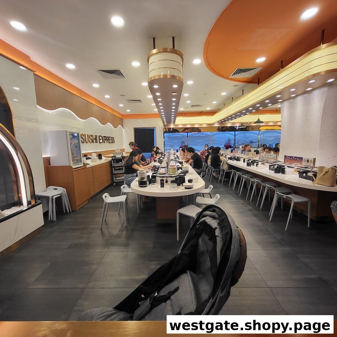 Vibrant interior of Sushi Express with customers enjoying conveyor belt sushi and a modern dining experience.