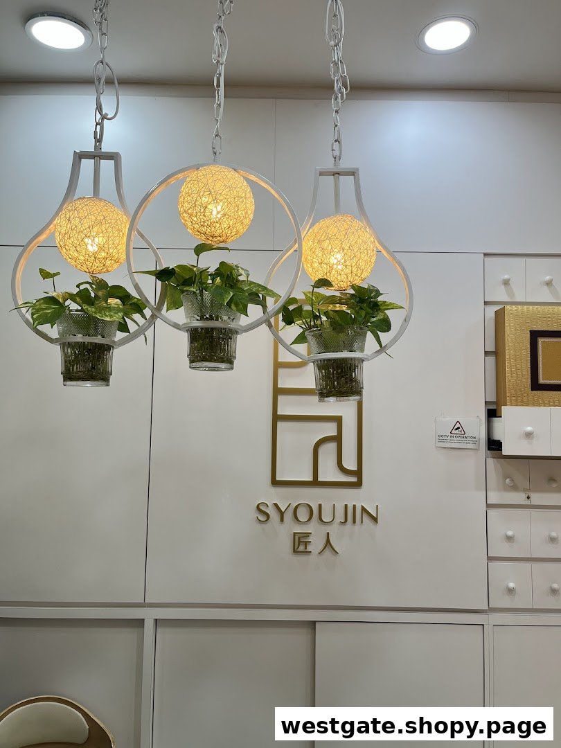 Interior view of Syoujin featuring decorative hanging lights with plants and the shop's logo.