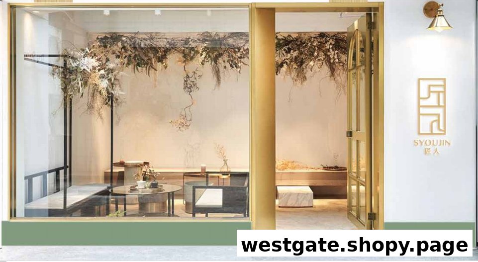 Elegant shop front of Syoujin featuring a large window, gold accents, and dried floral interior decor.
