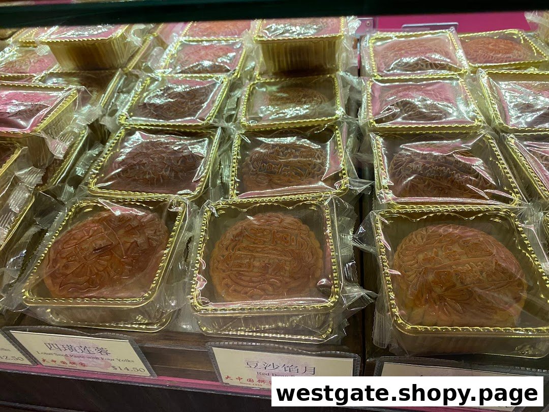 A display of various mooncakes with their names and prices at Tai Chong Kok.