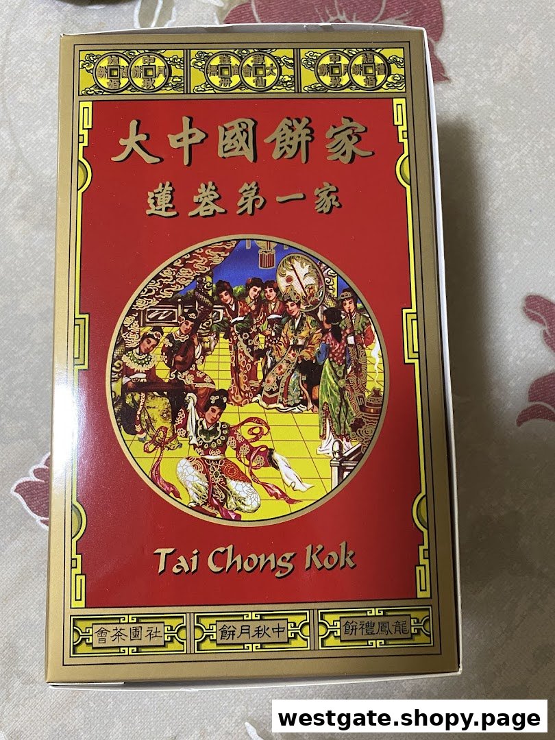 A vibrant red and gold box for Tai Chong Kok, featuring traditional Chinese artwork and branding.