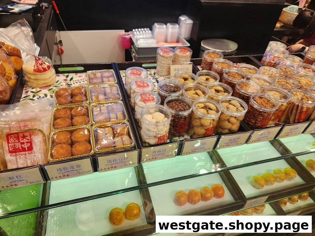 A vibrant display of traditional Chinese pastries, cookies, and mooncakes at Tai Chong Kok.