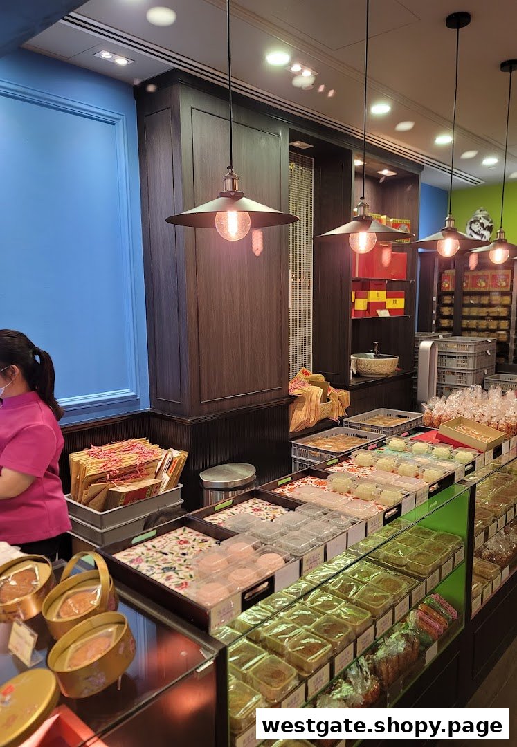 Interior view of Tai Chong Kok bakery showcasing a wide array of traditional pastries and a staff member.