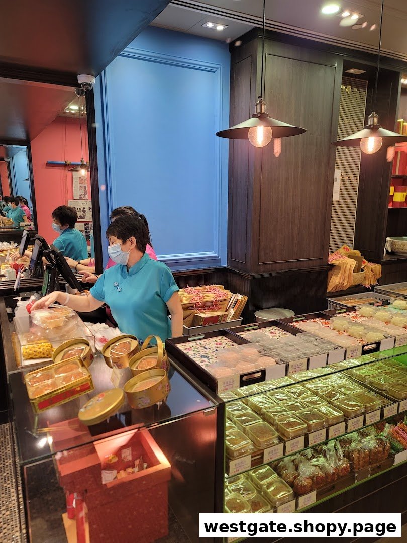 A staff member serves customers at Tai Chong Kok, showcasing a variety of traditional Chinese pastries and snacks.