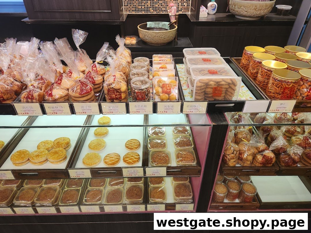 A vibrant display of traditional Chinese pastries, cookies, and snacks in a retail shop.