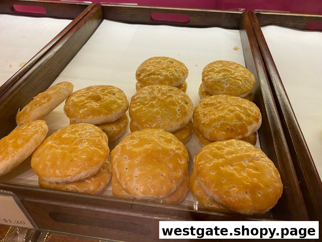 Golden-brown traditional Chinese pastries, possibly tau sar piah, displayed in wooden trays at Tai Chong Kok.
