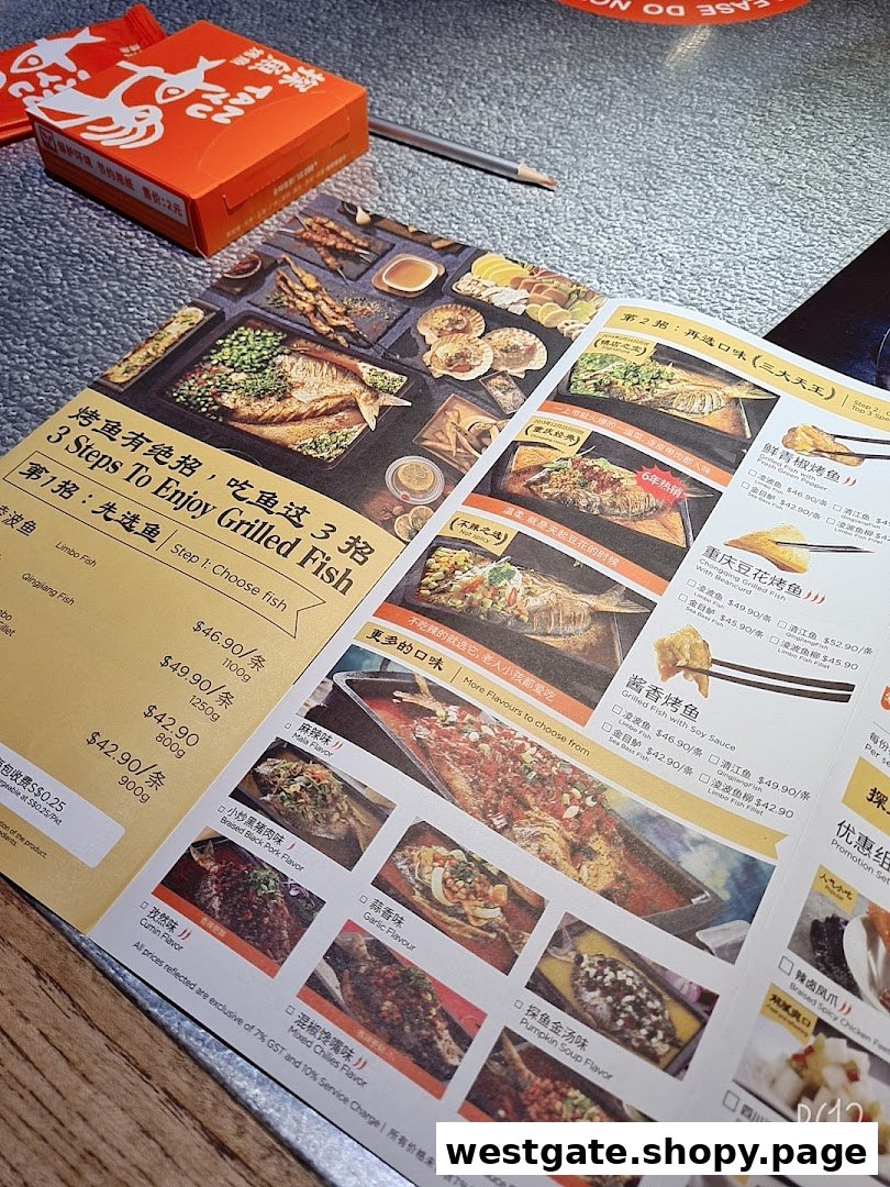 An open menu displaying various grilled fish dishes and flavor options at TANYU.