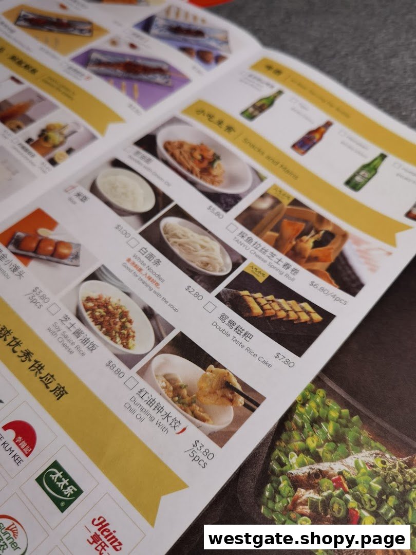 A close-up view of a menu page featuring various snacks and main dishes with prices.