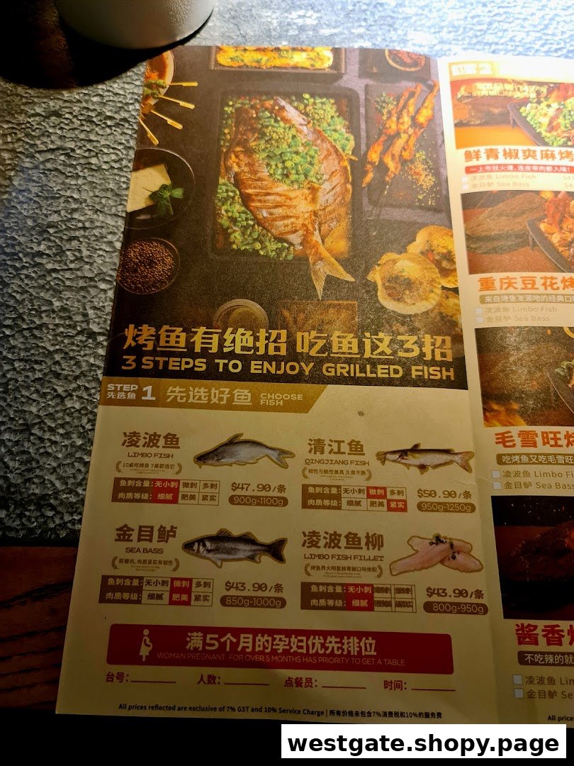 A detailed menu page from TANYU Westgate, showcasing grilled fish options and pricing.