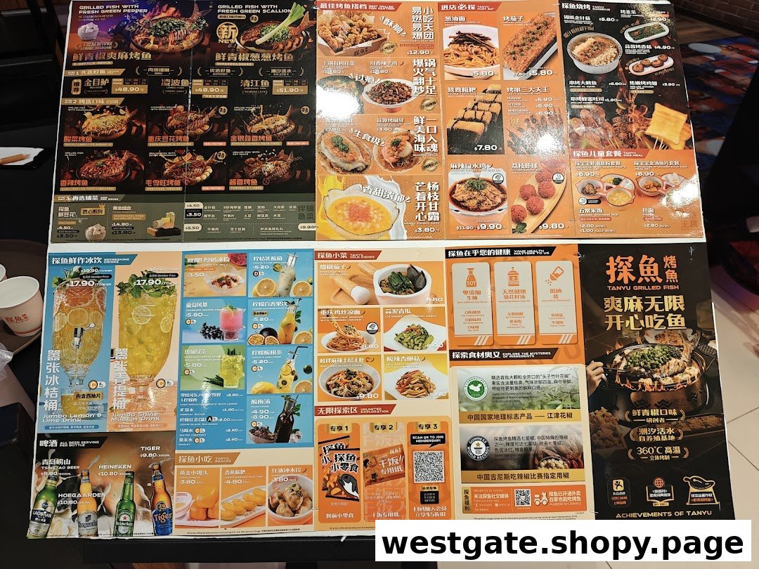 A comprehensive menu displaying grilled fish, sides, drinks, and shop information.