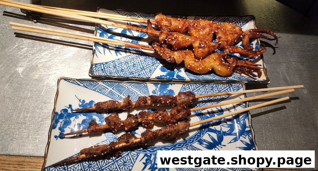Two plates of delicious grilled skewers, featuring squid and meat, served on patterned dishes.