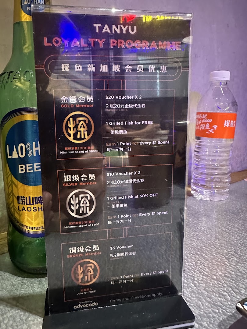 A display detailing TANYU's customer loyalty program with different membership tiers and benefits.