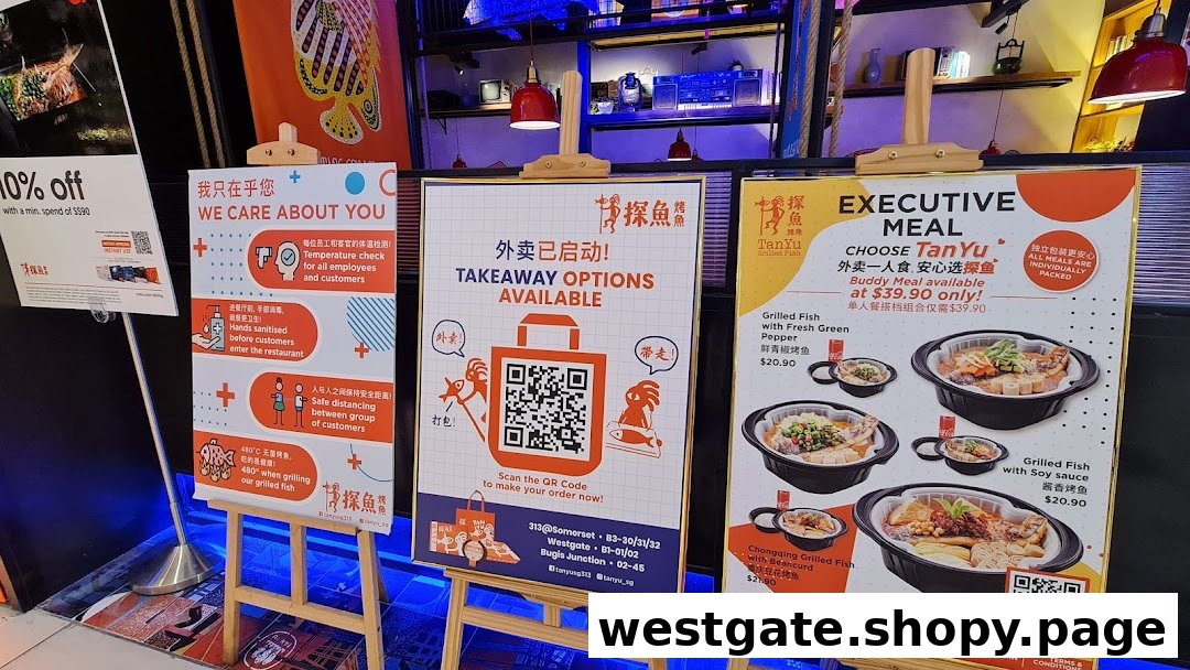 Promotional signs for TANYU Grilled Fish, featuring an executive meal offer and safety measures.