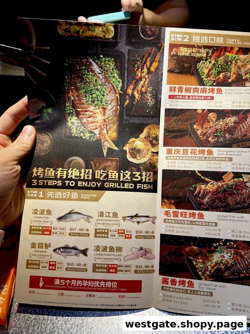 A detailed menu displaying various grilled fish options and flavors at TANYU Westgate.