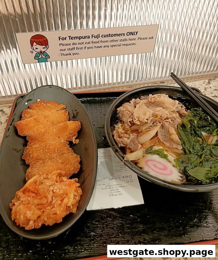 A delicious spread featuring crispy katsu, a vegetable fritter, and a comforting beef noodle soup from Tempura Fuji.