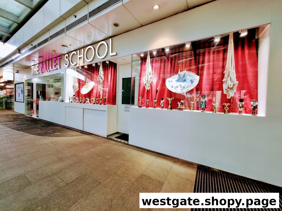 The Ballet School's shopfront features a display window with ballet shoes, tutus, and Nutcracker figures.