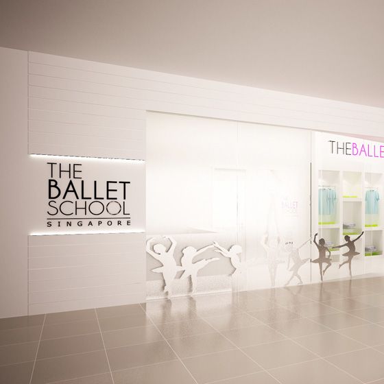 The Ballet School Singapore shop front features elegant white walls and graceful dancer silhouettes.