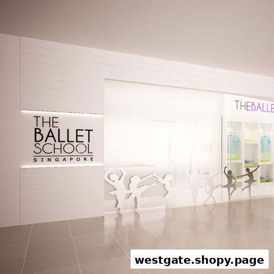 The Ballet School Singapore shop front features elegant white walls and graceful dancer silhouettes.
