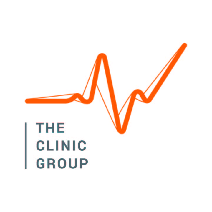 The logo for The Clinic Group, featuring an orange heartbeat graphic and grey text.
