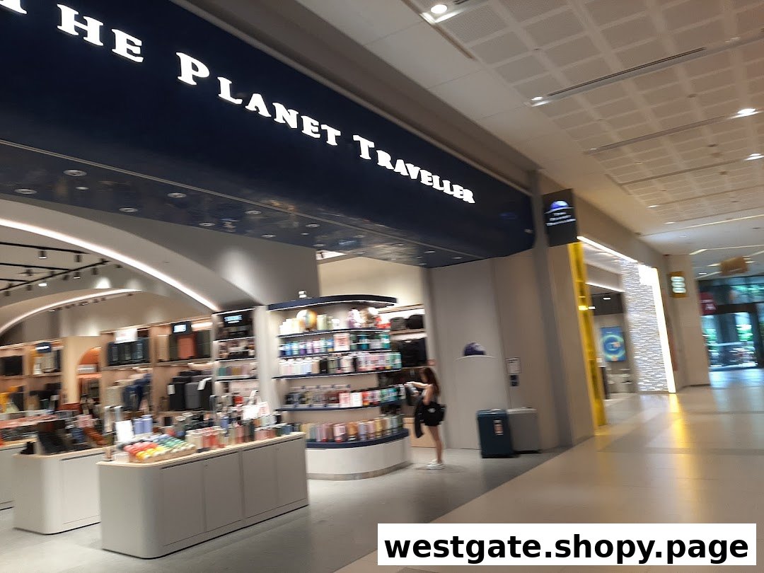 The Planet Traveller storefront at Westgate, showcasing its illuminated sign and a glimpse of travel accessories inside.