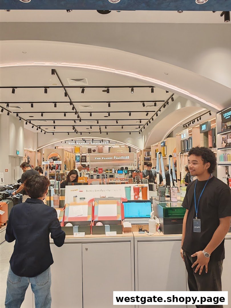 An interior view of The Planet Traveller shop, showcasing travel accessories and staff assisting customers.