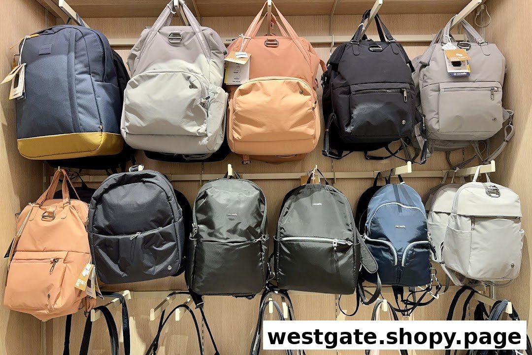 A wall display showcasing a variety of stylish backpacks and bags in different colors and sizes.