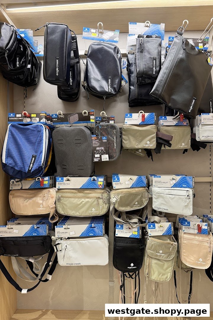 A display wall showcasing various Eagle Creek travel accessories, including packing cubes, pouches, and security wallets.