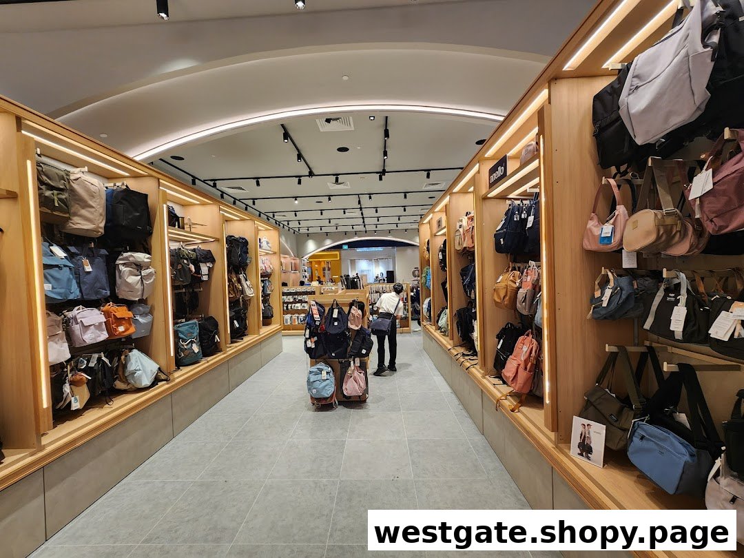 An interior view of The Planet Traveller store, showcasing a wide array of bags and backpacks on illuminated wooden shelves.
