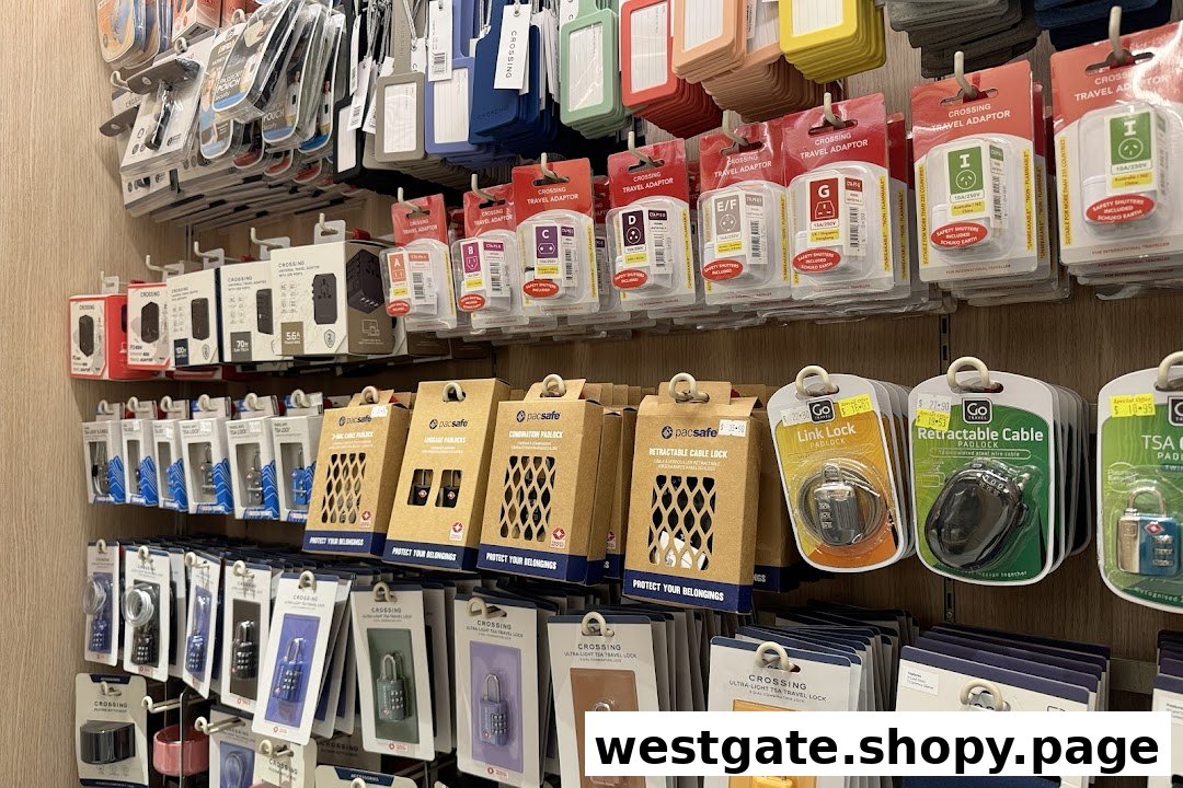 A wall display showcasing various travel accessories including adapters, locks, and luggage tags.