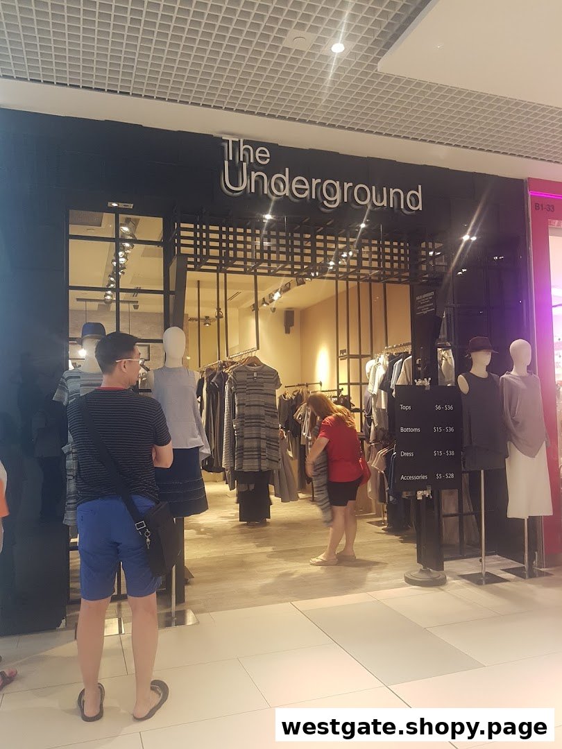 The storefront of 'The Underground' clothing shop with mannequins, clothing racks, and shoppers.