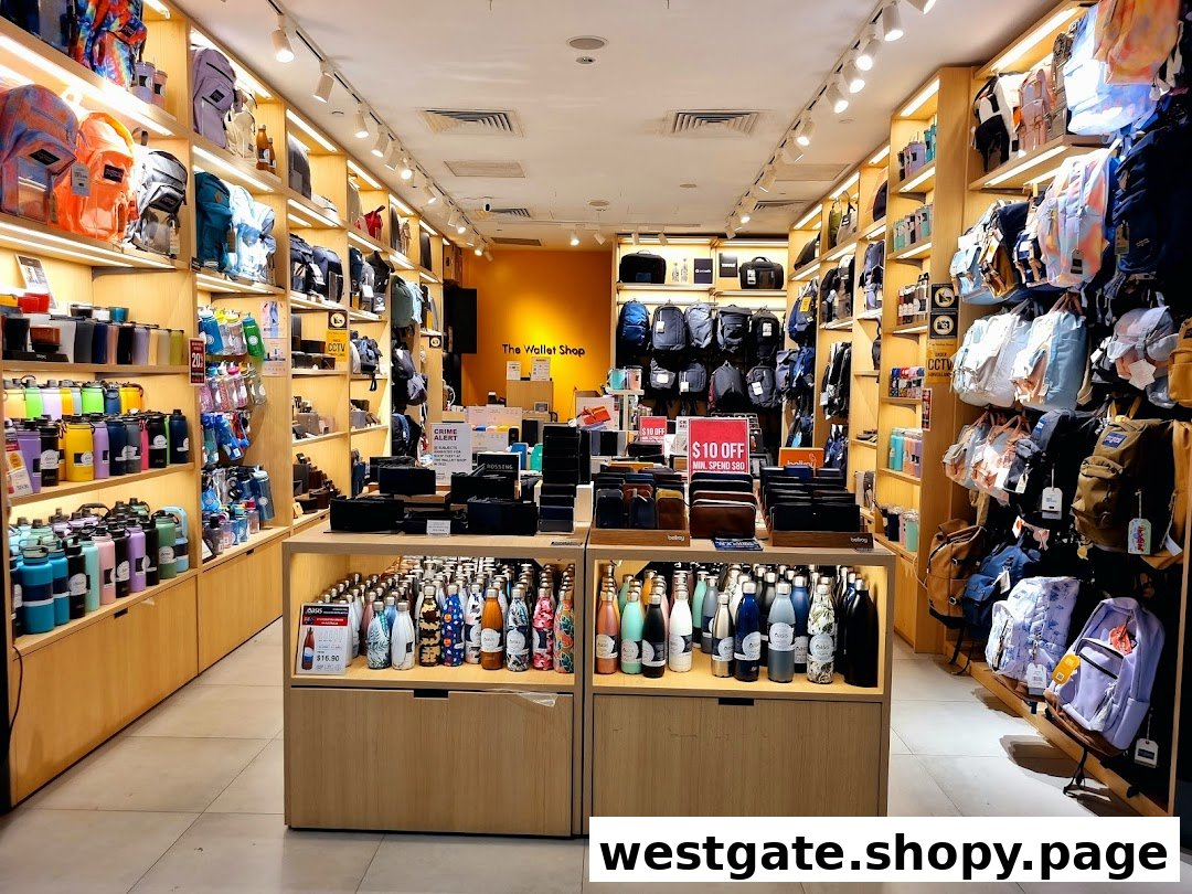 A brightly lit interior of The Wallet Shop, showcasing a wide array of wallets, bags, and stylish water bottles.