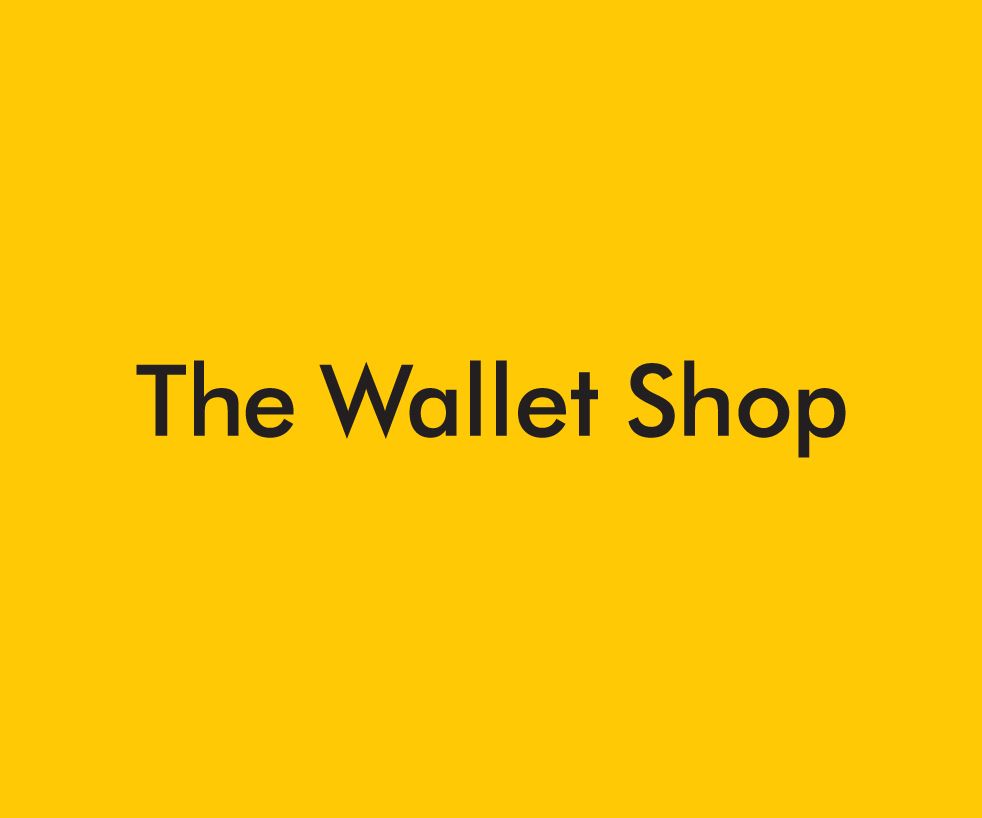 The shop's name 'The Wallet Shop' displayed in black text on a vibrant yellow background.
