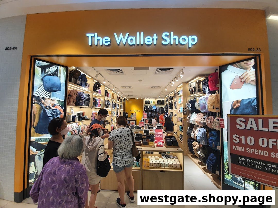 The Wallet Shop entrance with customers browsing a wide selection of wallets, bags, and accessories.
