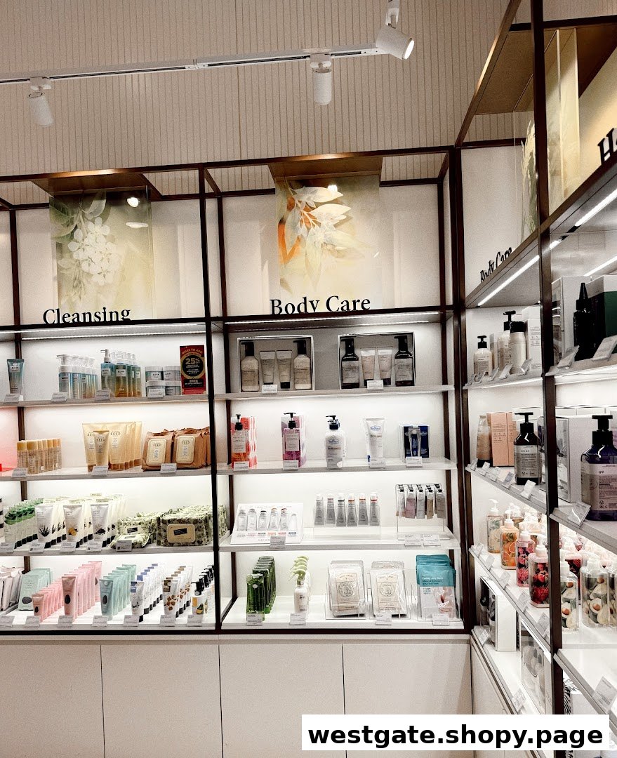 An interior view of THEFACESHOP, showcasing shelves neatly stocked with a wide range of skincare and body care products.