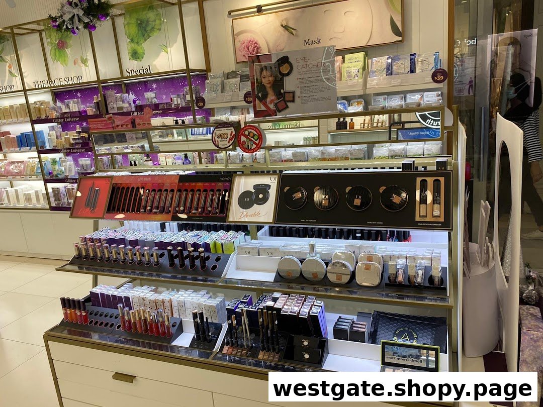 An interior view of THEFACESHOP, showcasing a wide array of skincare and cosmetic products on display shelves.
