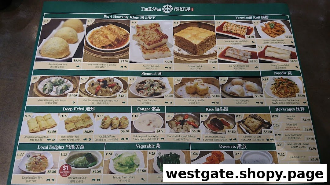 A comprehensive menu from Tim Ho Wan, showcasing various dim sum, rice, noodle, and beverage options with prices.