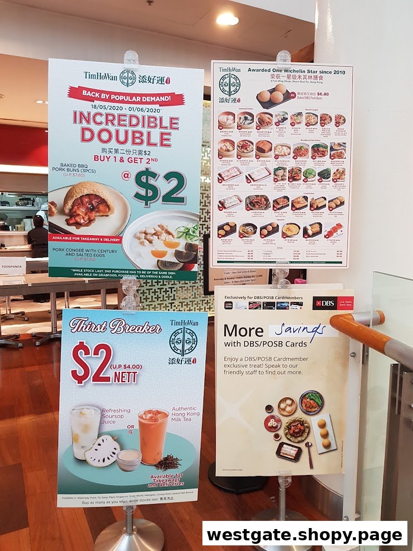 A detailed menu board and promotional posters for Tim Ho Wan, featuring dim sum, drinks, and special offers.