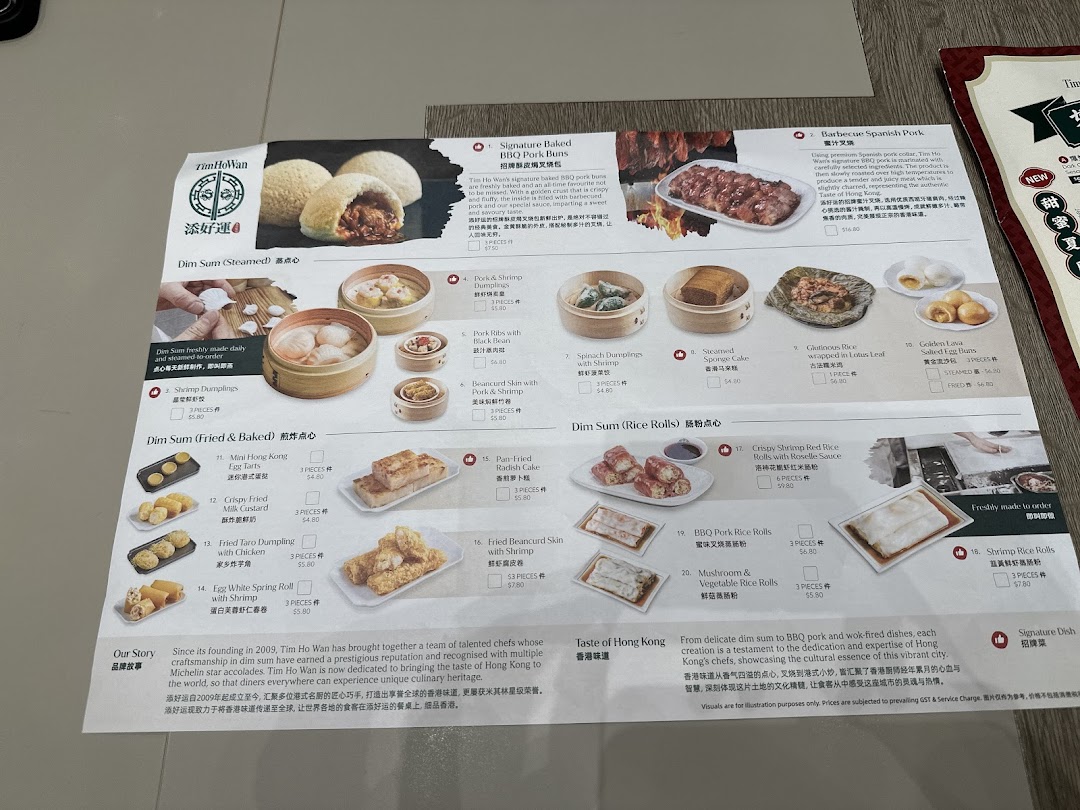 A detailed menu from Tim Ho Wan, showcasing various dim sum dishes with descriptions and prices.