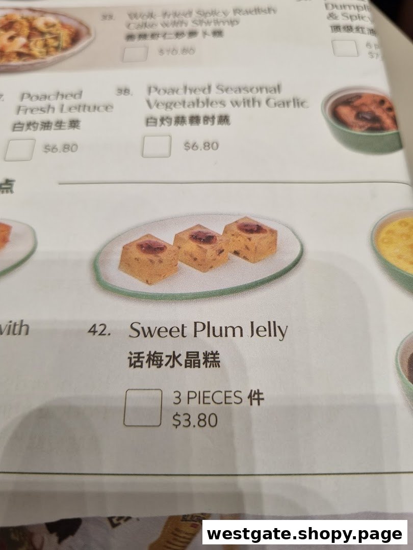 A close-up of Tim Ho Wan's menu, showcasing dim sum items like Sweet Plum Jelly and Poached Vegetables with prices.
