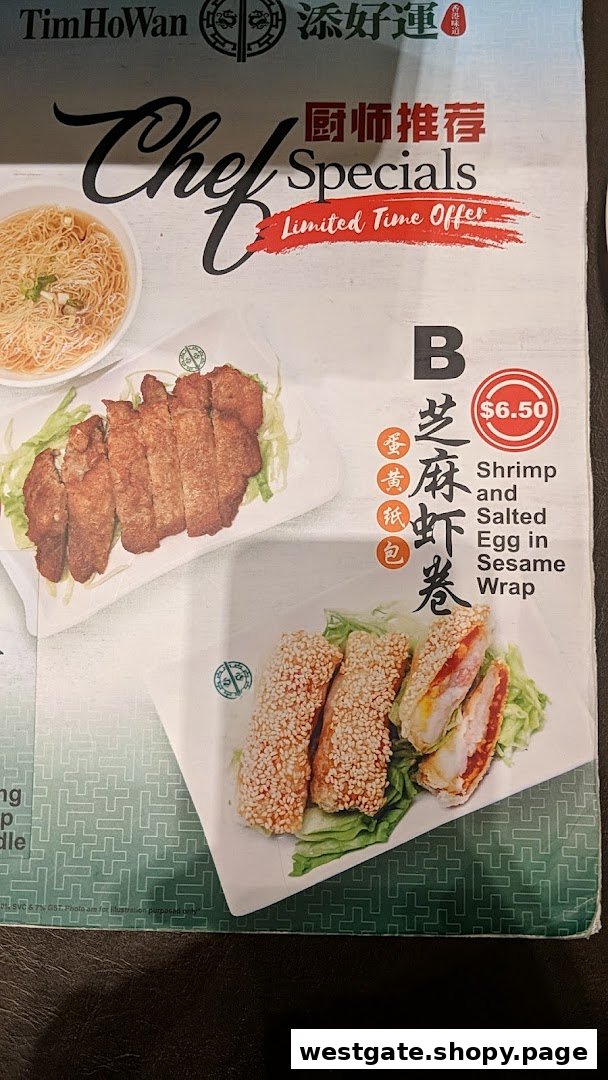 A Tim Ho Wan menu page featuring 'Chef Specials' and a 'Shrimp and Salted Egg in Sesame Wrap'.