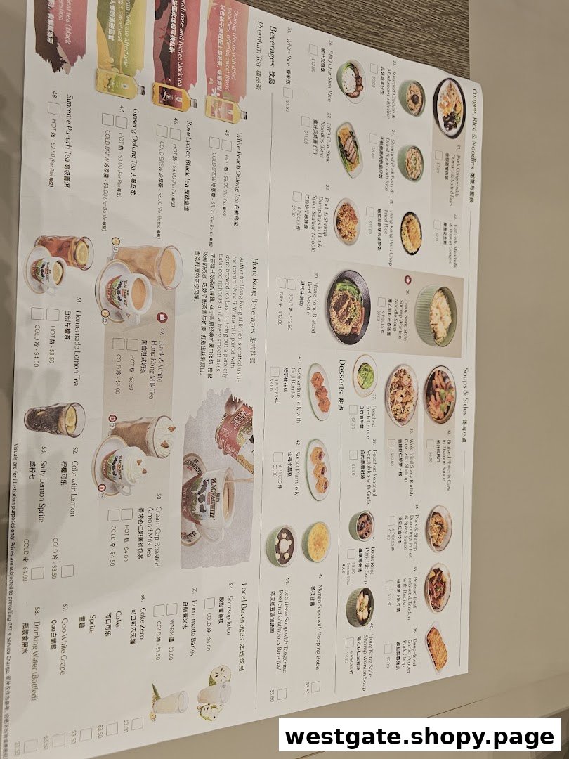 A detailed menu displaying various Hong Kong-style dishes and beverages with prices.