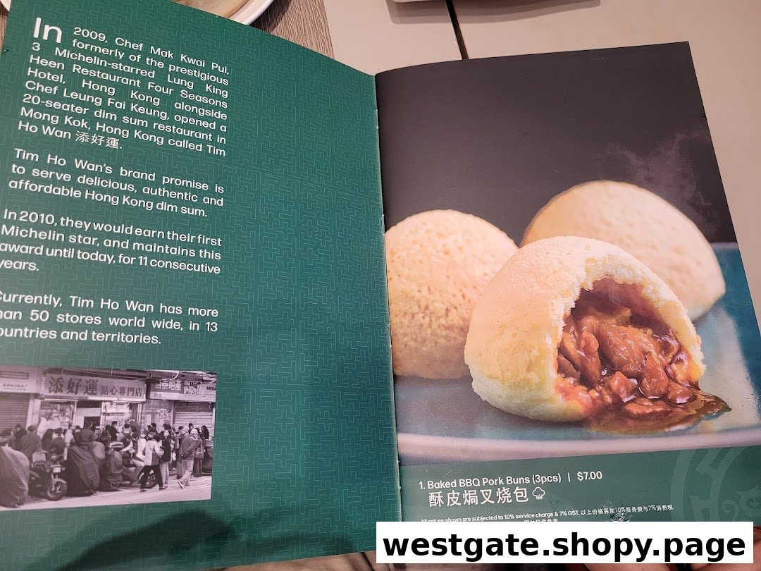 A menu page from Tim Ho Wan featuring Baked BBQ Pork Buns and restaurant history.