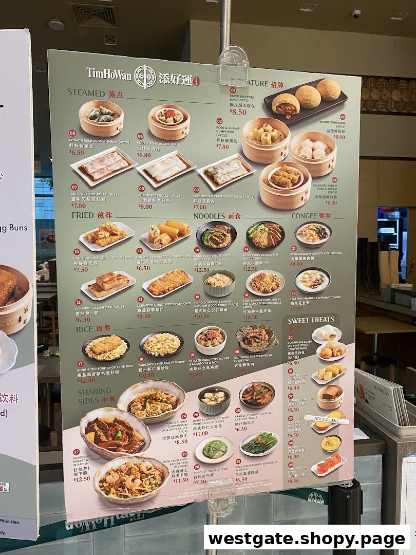 A detailed menu board for Tim Ho Wan, showcasing various dim sum and Hong Kong-style dishes.