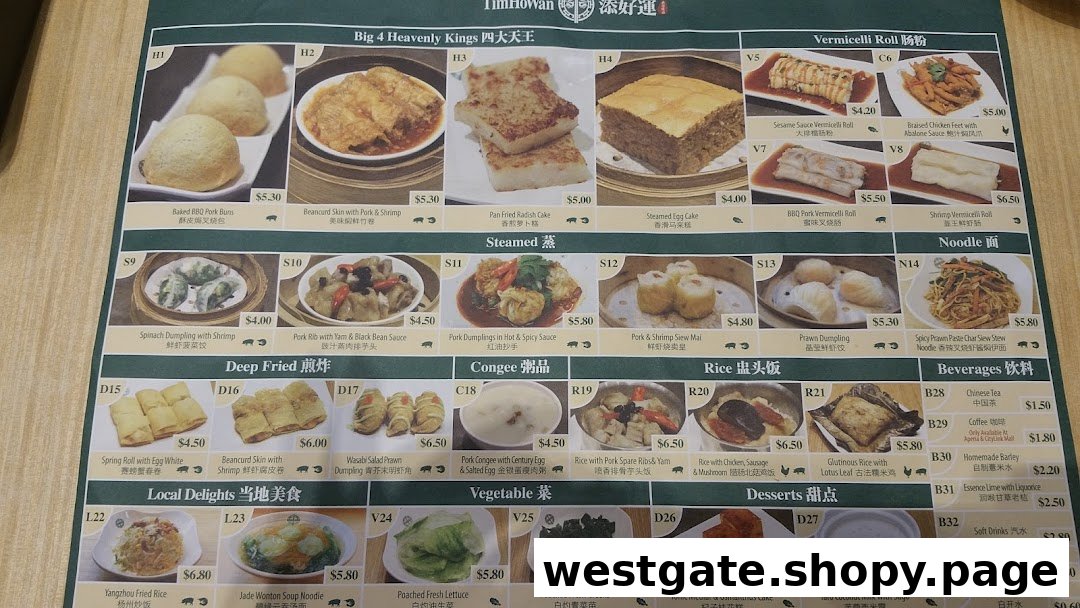 A detailed menu from Tim Ho Wan, showcasing a variety of dim sum, noodles, rice, and beverages.