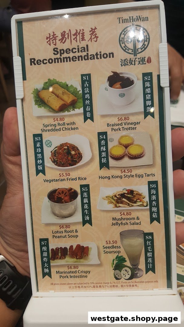 A close-up of Tim Ho Wan's 'Special Recommendation' menu featuring various dim sum and dishes.