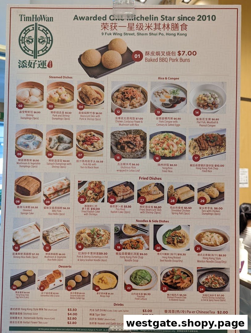 A comprehensive menu from Tim Ho Wan, featuring dim sum, rice, noodles, desserts, and drinks.