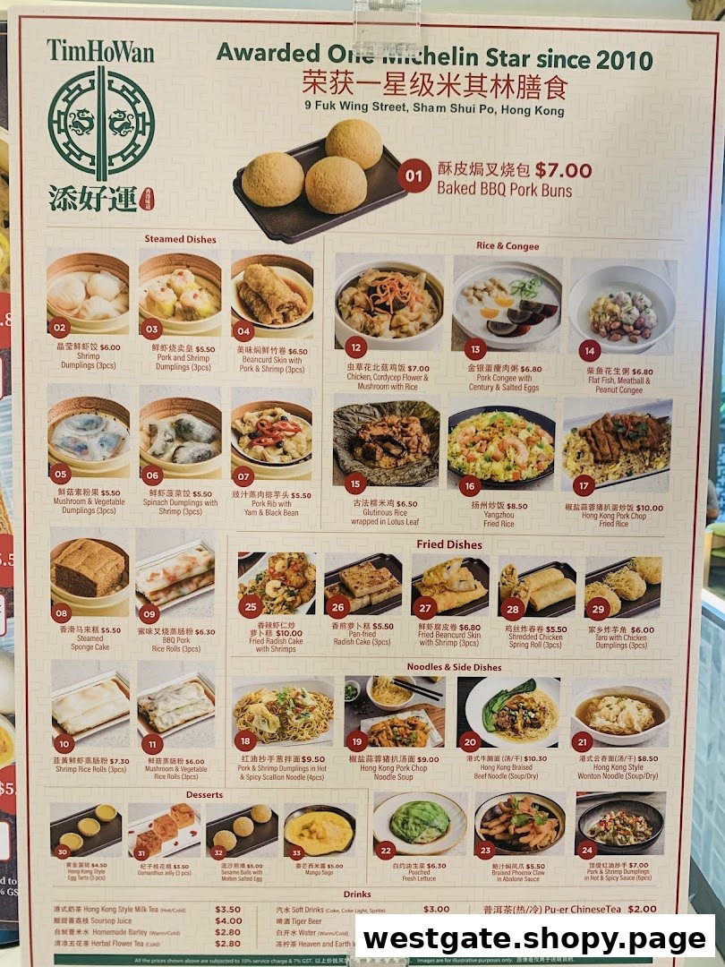 A comprehensive menu from Tim Ho Wan, featuring dim sum, rice, noodles, desserts, and drinks.